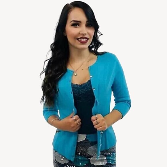 Ann Taylor Blue Cashmere Rhinestone Button Down Cardigan Sweater | Office Siren - Picture 11 of 15